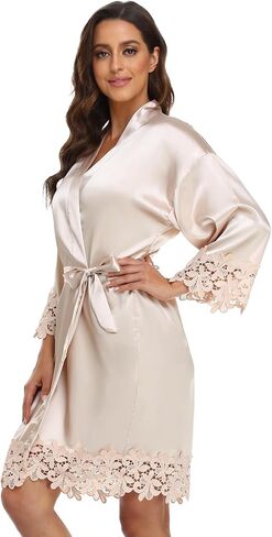 Women's Lace Trim Kimono Robe Bride Bridesmaid Satin Bridal Robes with Embroidered Getting Ready Sleepwear in Kuwait
