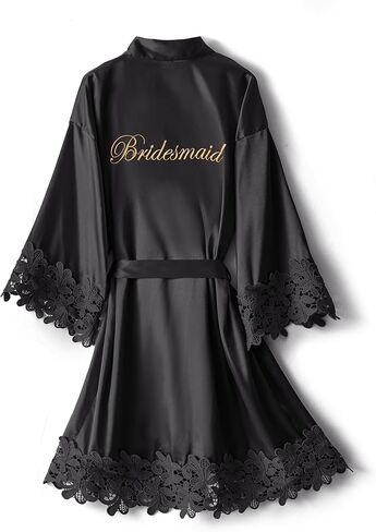 Women's Lace Trim Kimono Robe Bride Bridesmaid Satin Bridal Robes with Embroidered Getting Ready Sleepwear in Kuwait