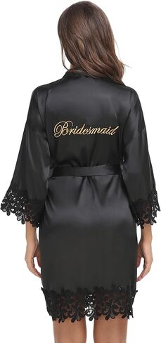 Women's Lace Trim Kimono Robe Bride Bridesmaid Satin Bridal Robes with Embroidered Getting Ready Sleepwear in Kuwait