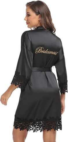 Women's Lace Trim Kimono Robe Bride Bridesmaid Satin Bridal Robes with Embroidered Getting Ready Sleepwear in Kuwait