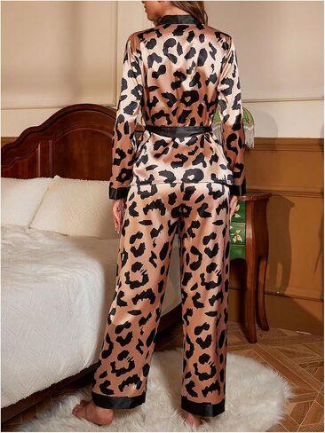 Milumia Women's 2 Piece Leopard Print Satin Pajama Shirts Pants PJ Sets in Saudi Arabia