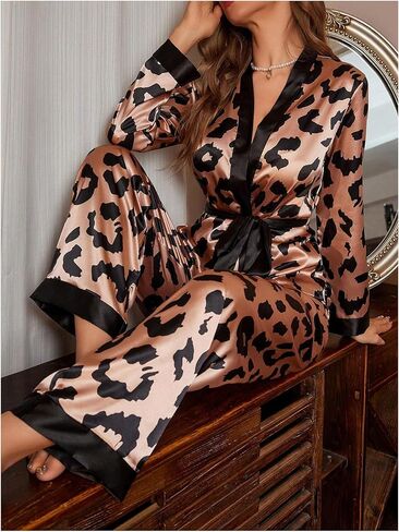 Milumia Women's 2 Piece Leopard Print Satin Pajama Shirts Pants PJ Sets in Saudi Arabia