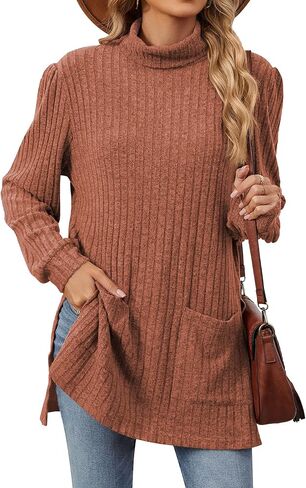 سترة نسائية من OUNAR برقبة سلحفاة قمصان بحاشية عالية ومنخفضة سترات خريفية مضلعة ومتماسكة بفتحة جانبية بلوفر علوي مع جيوب in Kuwait