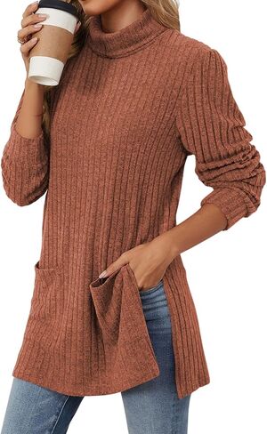 سترة نسائية من OUNAR برقبة سلحفاة قمصان بحاشية عالية ومنخفضة سترات خريفية مضلعة ومتماسكة بفتحة جانبية بلوفر علوي مع جيوب in Kuwait