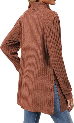 سترة نسائية من OUNAR برقبة سلحفاة قمصان بحاشية عالية ومنخفضة سترات خريفية مضلعة ومتماسكة بفتحة جانبية بلوفر علوي مع جيوب in Kuwait