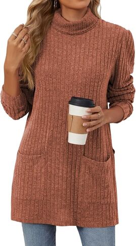 سترة نسائية من OUNAR برقبة سلحفاة قمصان بحاشية عالية ومنخفضة سترات خريفية مضلعة ومتماسكة بفتحة جانبية بلوفر علوي مع جيوب in Kuwait