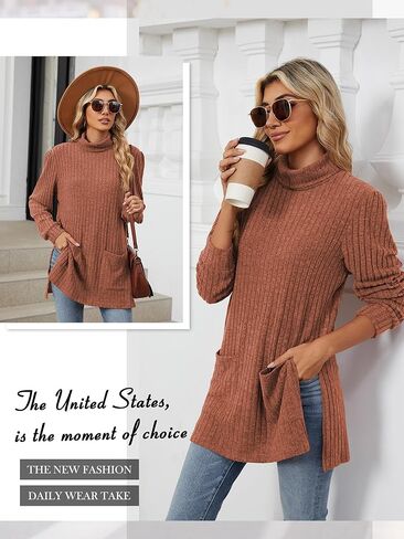 سترة نسائية من OUNAR برقبة سلحفاة قمصان بحاشية عالية ومنخفضة سترات خريفية مضلعة ومتماسكة بفتحة جانبية بلوفر علوي مع جيوب in Kuwait