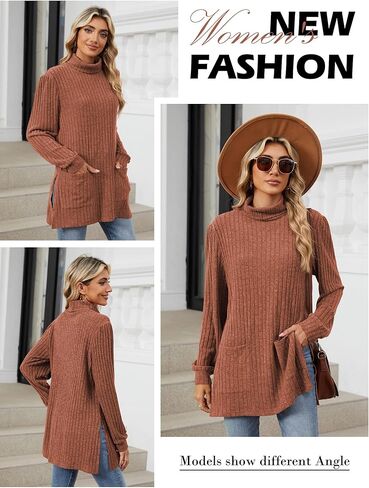 سترة نسائية من OUNAR برقبة سلحفاة قمصان بحاشية عالية ومنخفضة سترات خريفية مضلعة ومتماسكة بفتحة جانبية بلوفر علوي مع جيوب in Kuwait