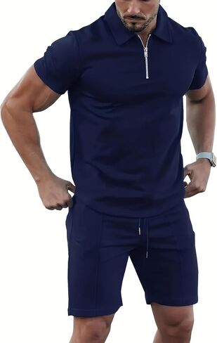 Men's Tracksuit 2 Piece Quarter Zip Sweatsuit Sets Short Sleeve Golf Polo Shirts Summer Shorts Loungewear in Kuwait