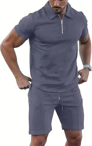 Men's Tracksuit 2 Piece Quarter Zip Sweatsuit Sets Short Sleeve Golf Polo Shirts Summer Shorts Loungewear in Kuwait