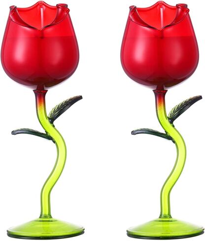2 Pcs Valentine's Day Scented Candle Gift for Women Lavender Scented Rose Flower Wine Glasses Candle Soy Candles Gift for Valentine's Day Birthday Mother's Day(Red Rose,Green Color Leaf) in Kuwait