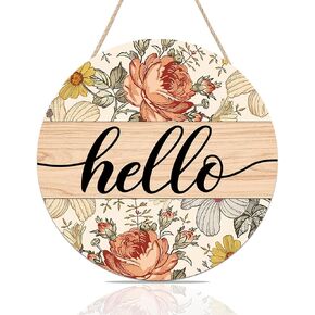 FWIEXA 3D Hello Sign for Front Door, Boho Hello Spring Door Sign with Flowers, Colorful Floral Welcome Wooden Hanging Sign Decor for Entryway Front Porch Yard (12"x 12")