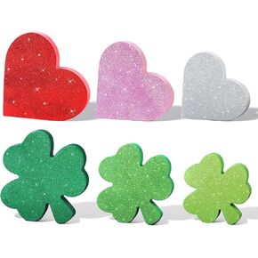 Valentine's Day/St.Patrick's Day Decorations Tiered Tray Decor, 6pcs Glitter Valentine Heart Wooden Sign Double-Sided St.Patrick's Day Shamrock Wooden Block for Home Office Tabletop Centerpiece Decors