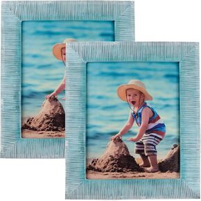 EXCELLO GLOBAL PRODUCTS Decorative Picture Frame 8"x10": Blue Bamboo Reed Textured Photo Frame with Easel & Hook for Tabletop & Wall Display Decor (Pack of 2)