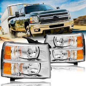 Factory OE Style Headlight Assembly for 2014 2015 Chevy Silverado 1500 Replacement Headlamp Halogen Driver and Passenger Side,Chrome Housing Amber Side