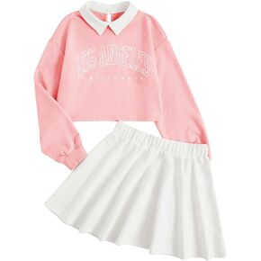 SOLY HUX Girl's 2 Piece Outfits Letter Graphic Long Sleeve Collar Sweatshirt and Skater Skirt Set