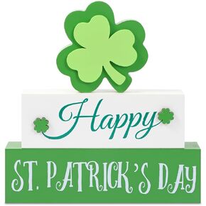 CRCZK Happy St. Patrick's Day Decorations Wooden Table Sign Block with Irish Lucky Straw Logo, Ideal for Indoor, Laminated Tray, Tabletop, Mantel Home Decor