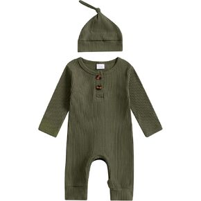 Newborn Baby Boy Girl Clothes Infant Ribbed Romper Solid Long Sleeve Knit Bodysuit Jumpsuit Hat Coming Home Outfit