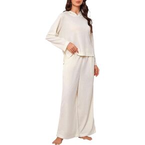طقم ملابس نسائية مكون من قطعتين من Pjs Lounge سويت شيرت برقبة على شكل حرف V وبنطلون بأرجل واسعة وبدلة رياضية مع جيب بدلة رياضية