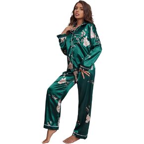 WDIRARA Women's 2 Pieces Plus Size Floral Print Contrast Piping Satin Long Sleeve Button Top and Pant Pajama Set