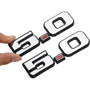 2Pc 5.0 Emblem Liter Door 3D Fender Side Adhesive Badge Plate Right Left Sticker Replacement for 1979-1993 150 (Silver Red)