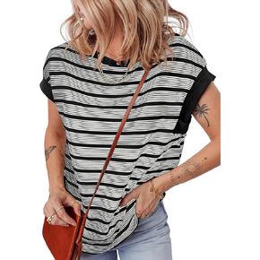EVALESS المرأة قصيرة الأكمام بلايز عادية Crewneck المتضخم تي شيرت الصيف العصرية مخطط متماسكة تي شيرت البلوزات