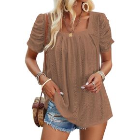 Dokotoo Women's Hollow Pleated Short Sleeves Square Neck Casual Loose Solid Color Knit T Shirts Tops Blouses