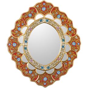NOVICA White And Red Reverse-Painted Glass And Wood Framed Wall Mounted Round Mirror, 'White Star'