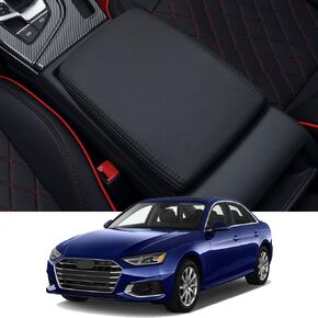 Car Armrest Cover Fit for Audi A4 2017-2022 Waterproof Leather Central Console Pad Protector Interior Accessories,Black with Black Stitches