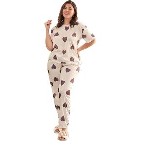WDIRARA Women's Plus Size Pajama Set Heart Print Short Sleeve Top And Pants With Eye Cover