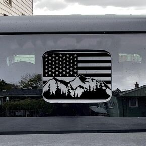 Zhizhong Rear Middle Window American Flag Decal Fits Ford Ranger 2018-2021 2022 2023 2024, Matte Black USA Flag Snow Mountain Back Center Sliding Window Glass Vinyl Sticker