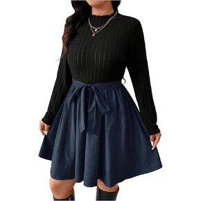 SOLY HUX Women's Plus Size Fall Dress Mock Neck Long Sleeve Belted A Line Flared Short Dresses