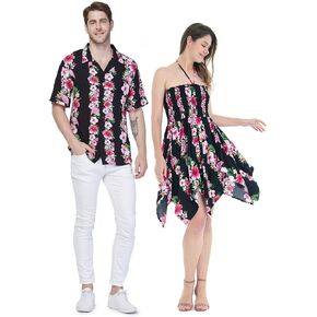 Matchable Couple Hawaiian Luau Shirt or Fairy Dress in Pink Black Hibiscus Vine