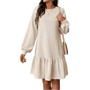 SweatyRocks Women's Ruffle Long Sleeve Dress Crewneck Knee Length Ribbed Dresses