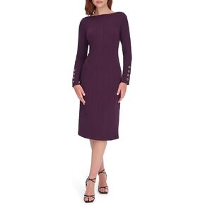 Tommy Hilfiger Women's Striped Textured Knit Shoulder 4 Button Long Sleeve Dress