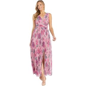 R&M Richards Long Crinkle Pleated Floral Dress W/V Front & Side Slit