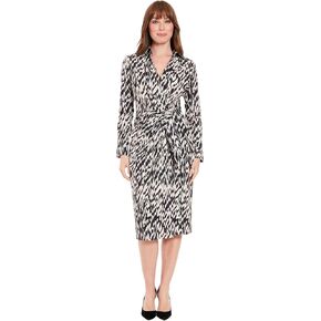 London Times Women's Faux Wrap Side Tie Long Sleeve Midi Dress