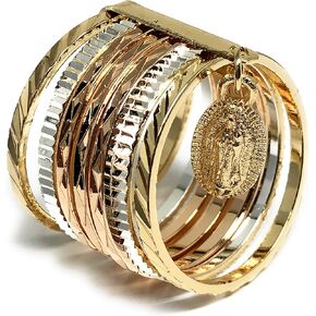 Fran & Co. Gold Plated Women's Tri-Color Virgin Mary Semanario Ring Virgen de Guadalupe Anillo