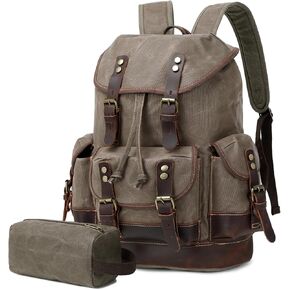 Wogarl Vintage Leather Canvas Backpack, Waxed Canvas Shoulder Rucksack with Toiletry Shoulder Rucksack for Traveling, Camping, Hiking,Business College Fits 17inch Laptop,Green