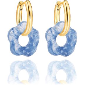 Gold Huggie Hoop Earrings With Acrylic Flower Charm for Women 14K Real Gold Plated Hypoallergenic Lightweight Trendy Earrings for Sensitive Ears Everyday Earrings