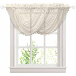 Cream Sheer Waterfall Valance Curtains for Window, Pure Cream Solid Color Simple Minimalism Art Rod Pocket Sheer Topper Swag Curtains for Living Room, Kitchen 38.5" W x 47.2" L, 2 Panels