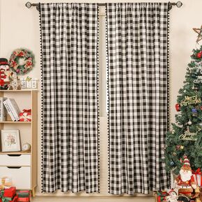 2 Pack Buffalo Plaid Window Curtains for Living Room Pom-poms Rustic Farmhouse Black White Check Holiday Decor Rod Pocket Light Filtering Window Treatment Curtain Drapery, 52 x 96 Inch