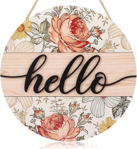FWIEXA 3D Hello Sign for Front Door, Boho Hello Spring Door Sign with Flowers, Colorful Floral Welcome Wooden Hanging Sign Decor for Entryway Front Porch Yard (12"x 12") in Kuwait