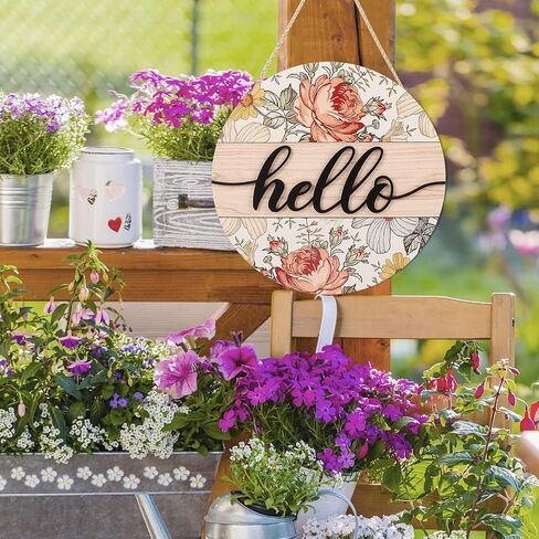 FWIEXA 3D Hello Sign for Front Door, Boho Hello Spring Door Sign with Flowers, Colorful Floral Welcome Wooden Hanging Sign Decor for Entryway Front Porch Yard (12"x 12") in Kuwait