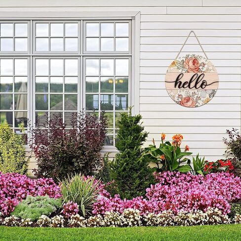 FWIEXA 3D Hello Sign for Front Door, Boho Hello Spring Door Sign with Flowers, Colorful Floral Welcome Wooden Hanging Sign Decor for Entryway Front Porch Yard (12"x 12") in Kuwait