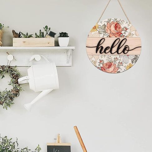 FWIEXA 3D Hello Sign for Front Door, Boho Hello Spring Door Sign with Flowers, Colorful Floral Welcome Wooden Hanging Sign Decor for Entryway Front Porch Yard (12"x 12") in Kuwait