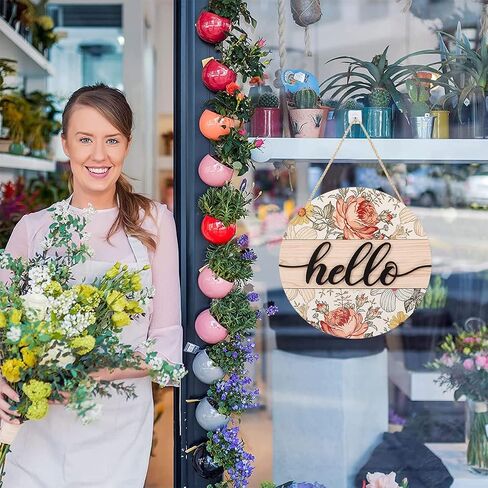 FWIEXA 3D Hello Sign for Front Door, Boho Hello Spring Door Sign with Flowers, Colorful Floral Welcome Wooden Hanging Sign Decor for Entryway Front Porch Yard (12"x 12") in Kuwait