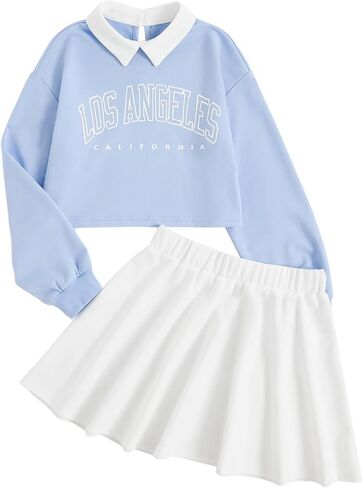 SOLY HUX Girl's 2 Piece Outfits Letter Graphic Long Sleeve Collar Sweatshirt and Skater Skirt Set in Saudi Arabia