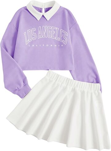 SOLY HUX Girl's 2 Piece Outfits Letter Graphic Long Sleeve Collar Sweatshirt and Skater Skirt Set in Saudi Arabia