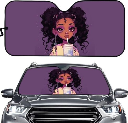Black Girl Car Front Window Sun Shield Purple Sun Visor Sunshield Sunshade for Car Windshield Folding fit Most Sedans SUV Truck Auto for Women Men Adults in Saudi Arabia